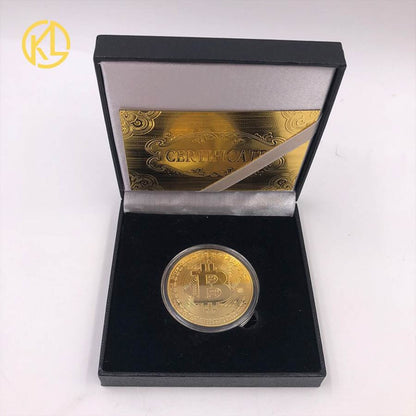 Pièce Bitcoin Cryptomonnaie Plaqué Or 24 Carats + Boîte de Luxe Noir Boîte Cadeau avec monnaie de collection ART & Cadeau Anniversaire 2023