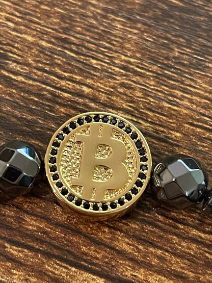 Bracelet Bitcoin Cryptomonnaie avec Pierre Hématite Noire Bijoux pour Homme/Femme Luxe pour Anniversaire Cadeau Fêtes Nouvelle version 2023